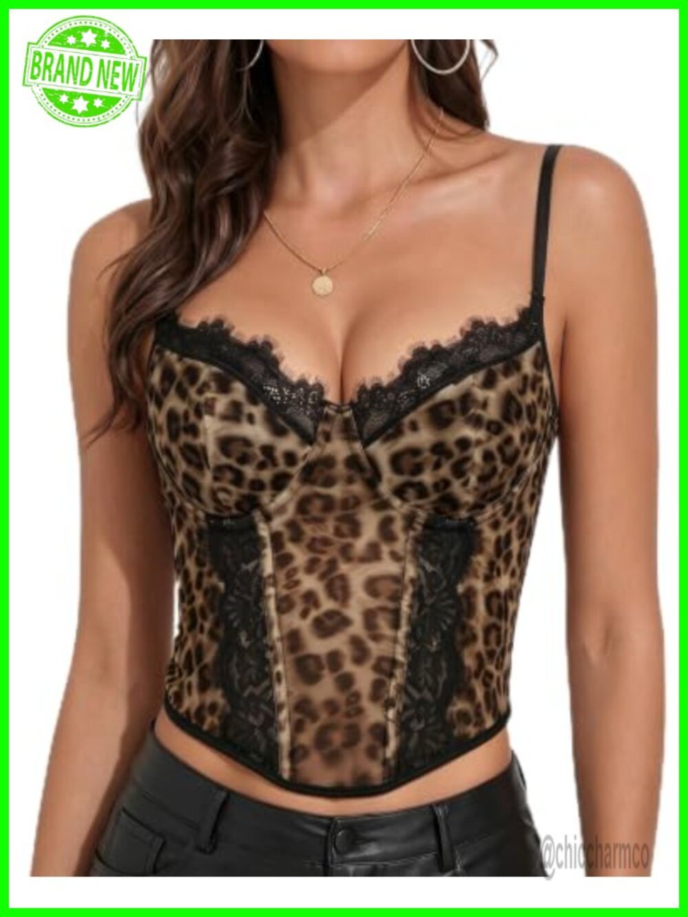 Women Leopard Lace Bustier Corset Crop Top Adjustable Straps